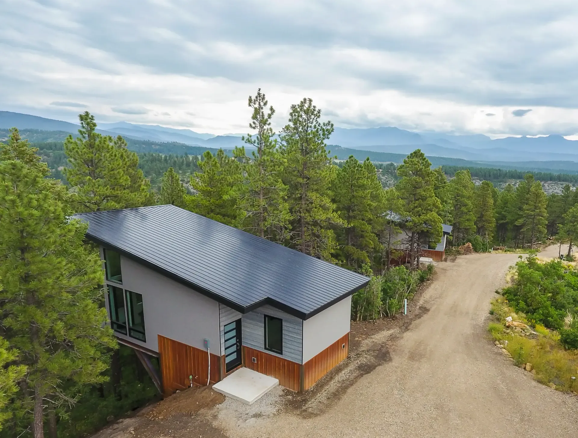 A modern house with a sloped roof and wood and gray siding, nestled in a pine forest with distant mountain views.