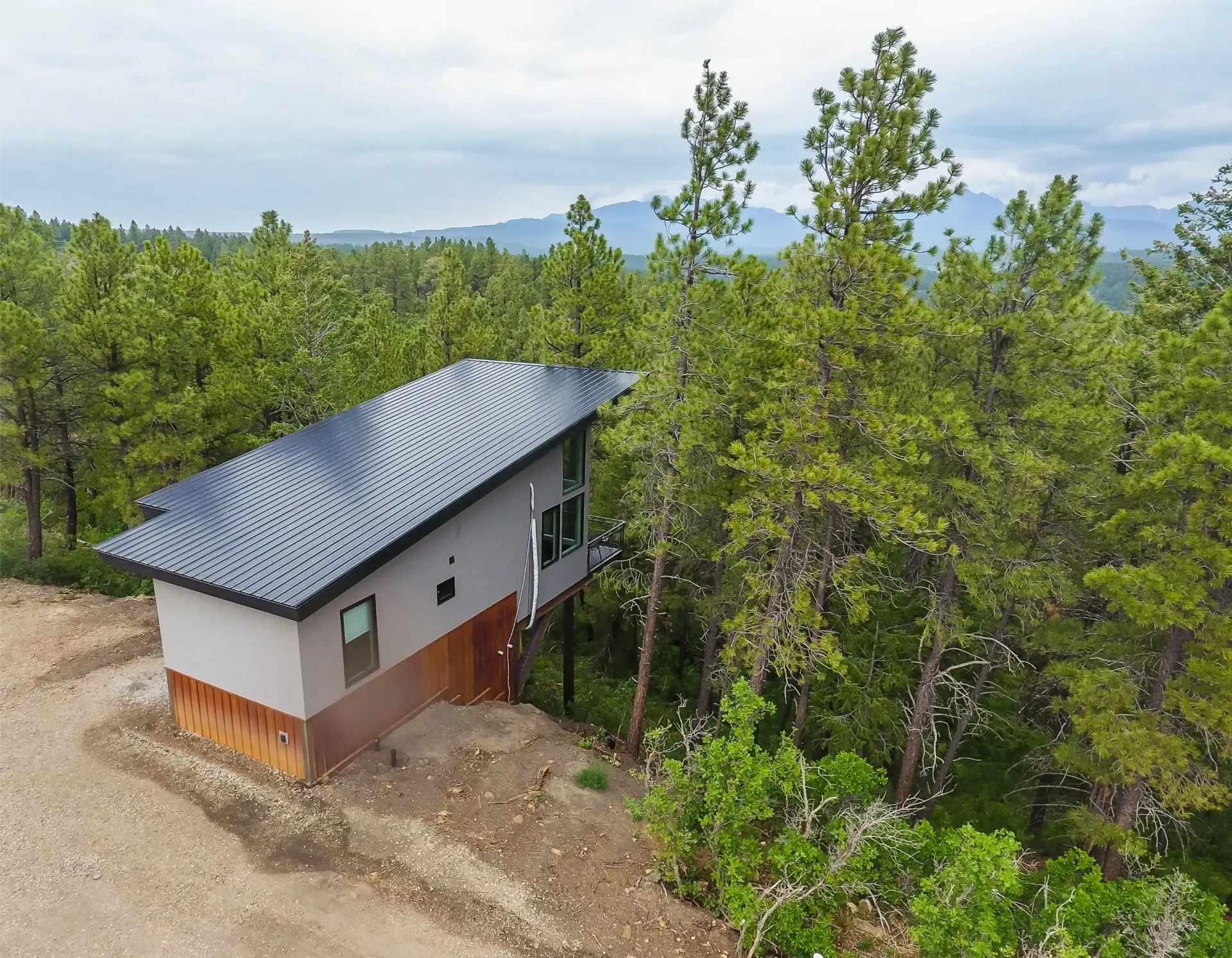A modern house with a dark, slanted roof and earth-toned lower walls nestled in a forest against a mountainous backdrop.