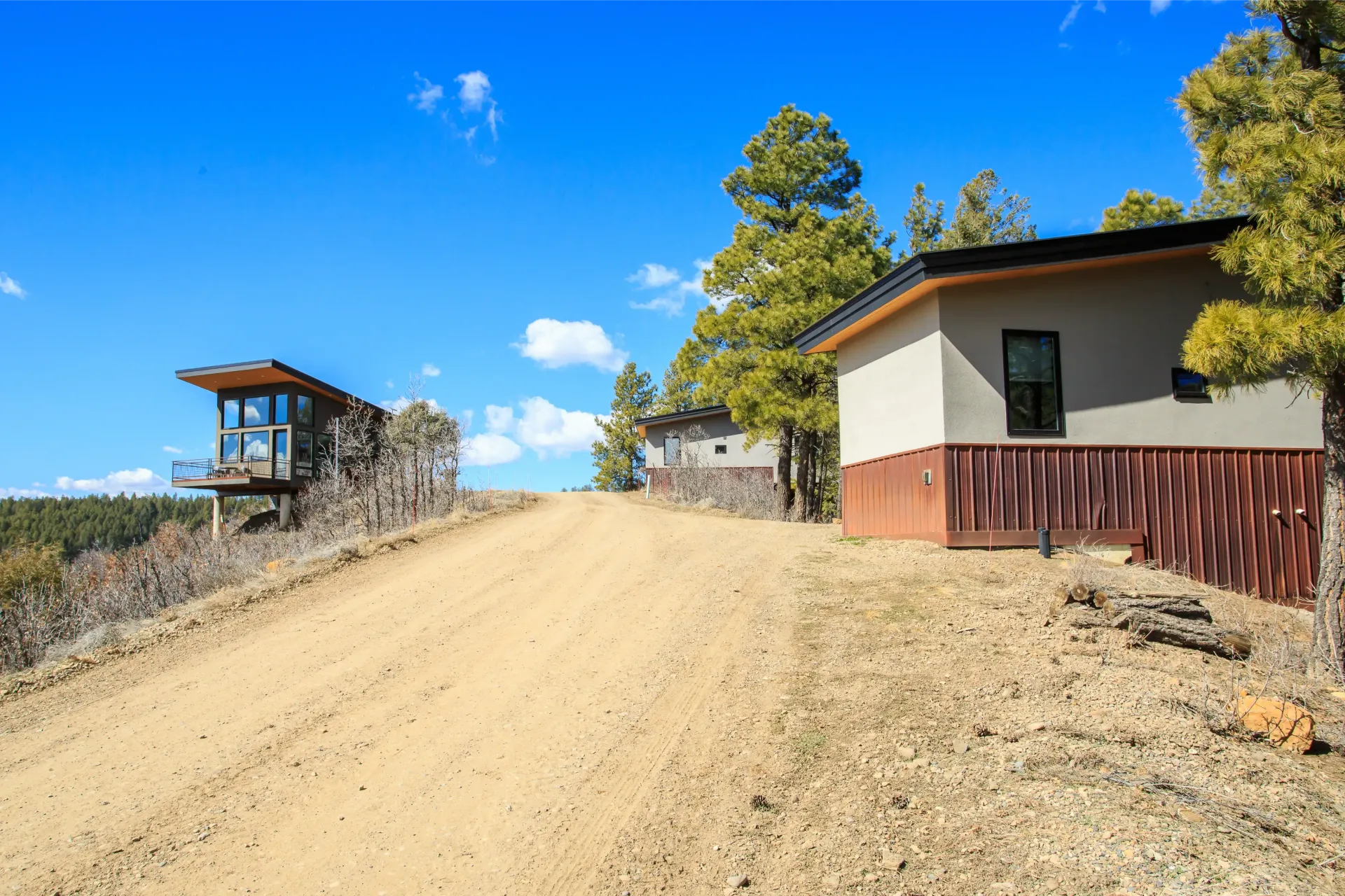 A dirt road leads past modern, flat-roofed cabins surrounded by pine trees under a clear blue sky.