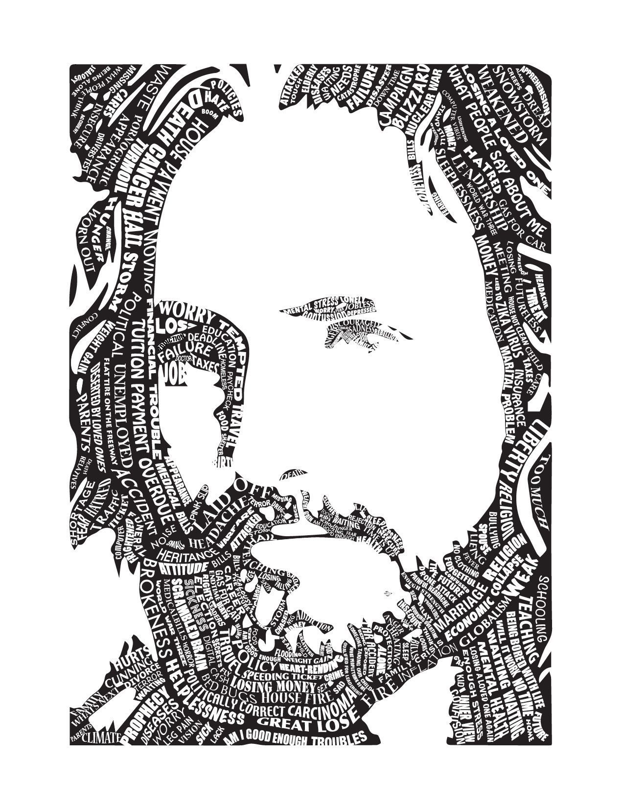 A black and white drawing of jesus made up of words