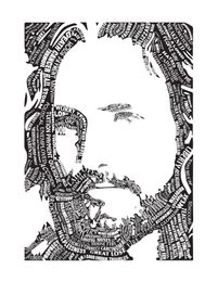 A black and white drawing of jesus made up of words