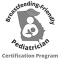 Breastfeeding-Friendly Pediatrician certification logo: Silhouette of a mother and child within the state of Georgia.