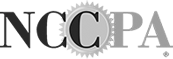 NCCPA logo: Black and gray letters, 