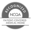 NCQA Patient-Centered Medical Home recognition seal. Gray circle with text 
