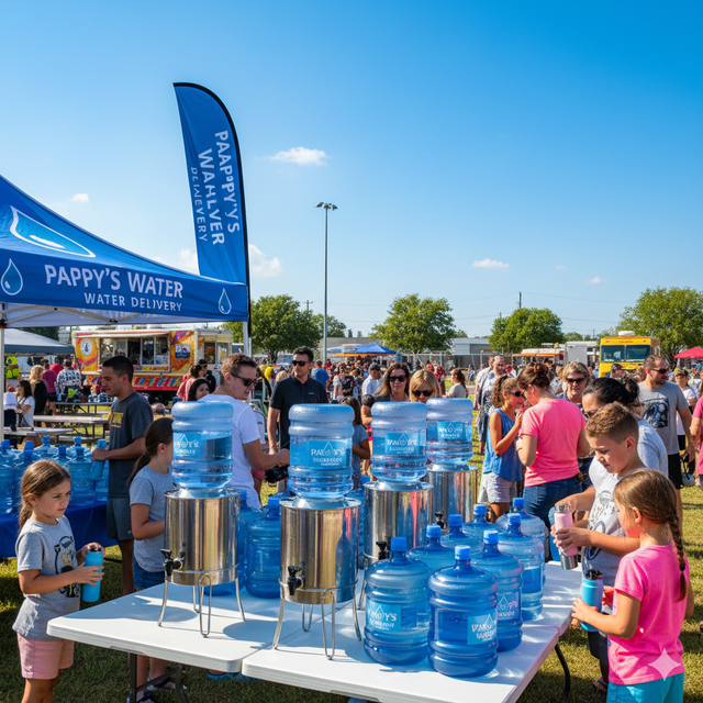 People at an outdoor event gather at a water station with blue water jugs on a white table under a blue canopy.