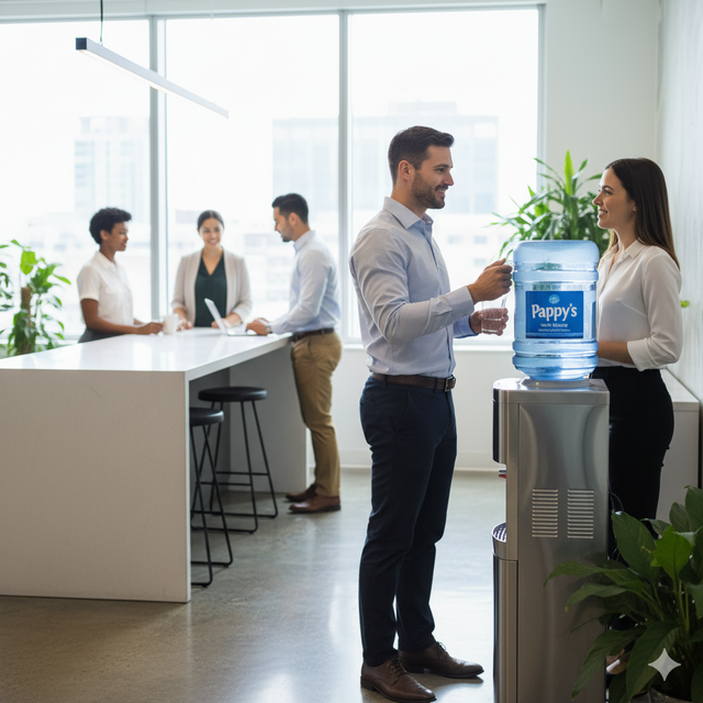 Two people at water cooler in office, smiling and talking. Other colleagues in background.