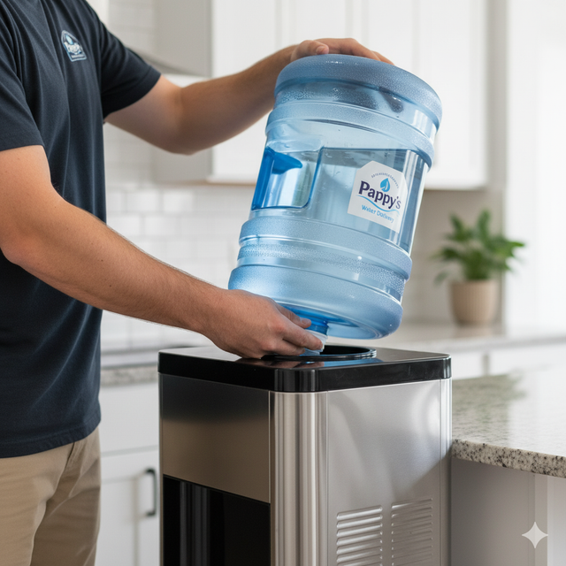 Person placing a large water jug onto a water cooler in a kitchen.