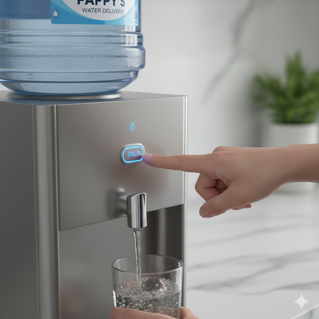 Person pressing a button on a water cooler, filling a glass. Silver cooler, blue accent light.