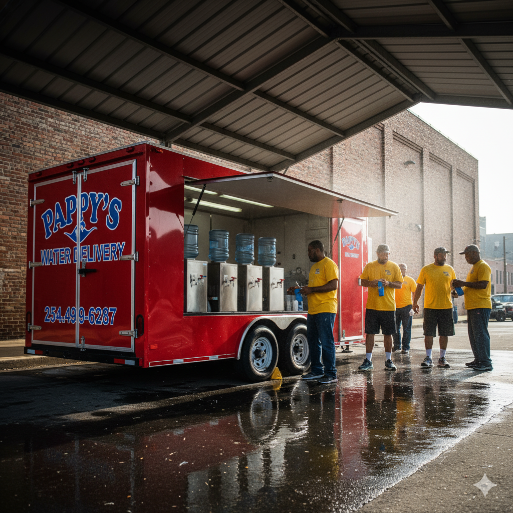 Red trailer dispensing water to people, with people wearing yellow shirts.