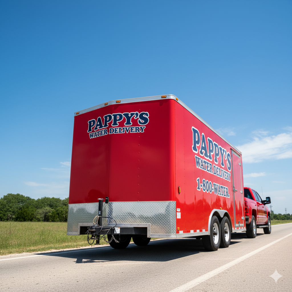 Red truck towing a red trailer with