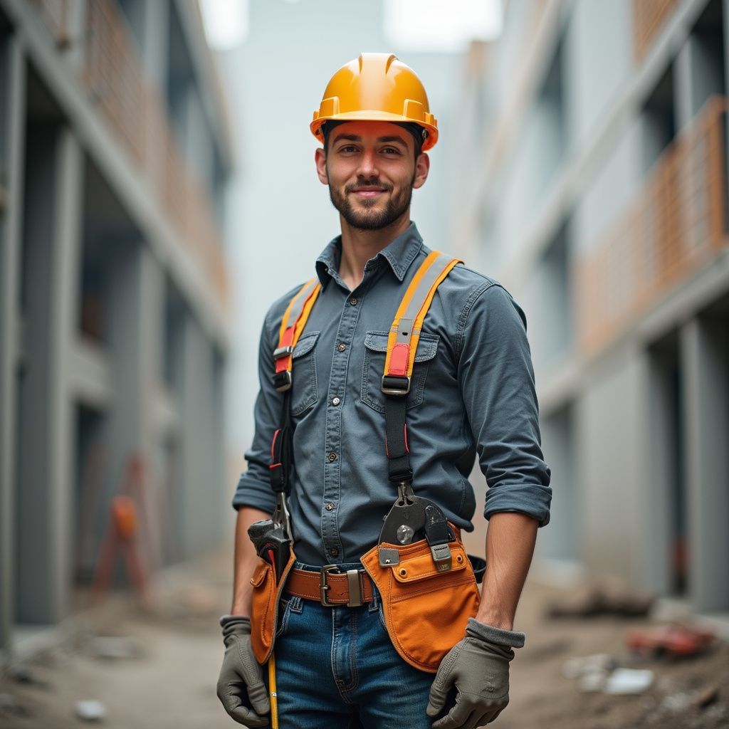 Construction worker smiling at the camera, wearing a hard hat and tool belt on a construction site.
