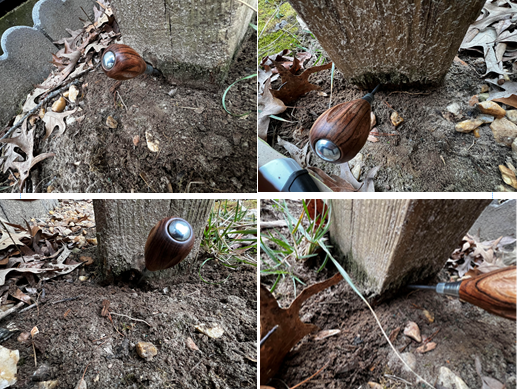 Four views of a brown acorn-shaped object with a silver ball on a tree trunk in a yard.