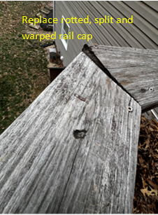 Rotted, split, and warped wood rail cap on an outdoor deck needing replacement.