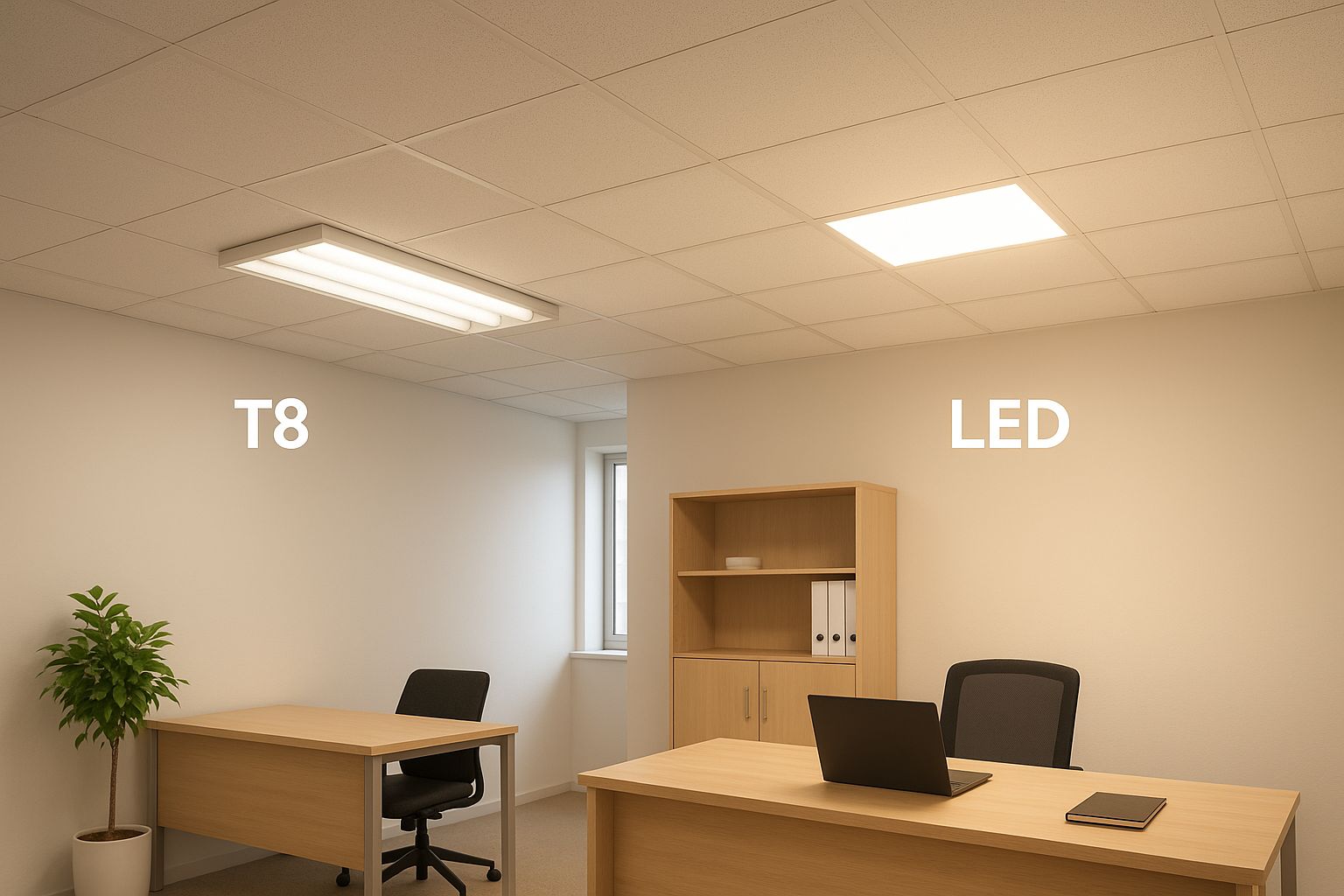 A room with two desks and two chairs and a ceiling light.