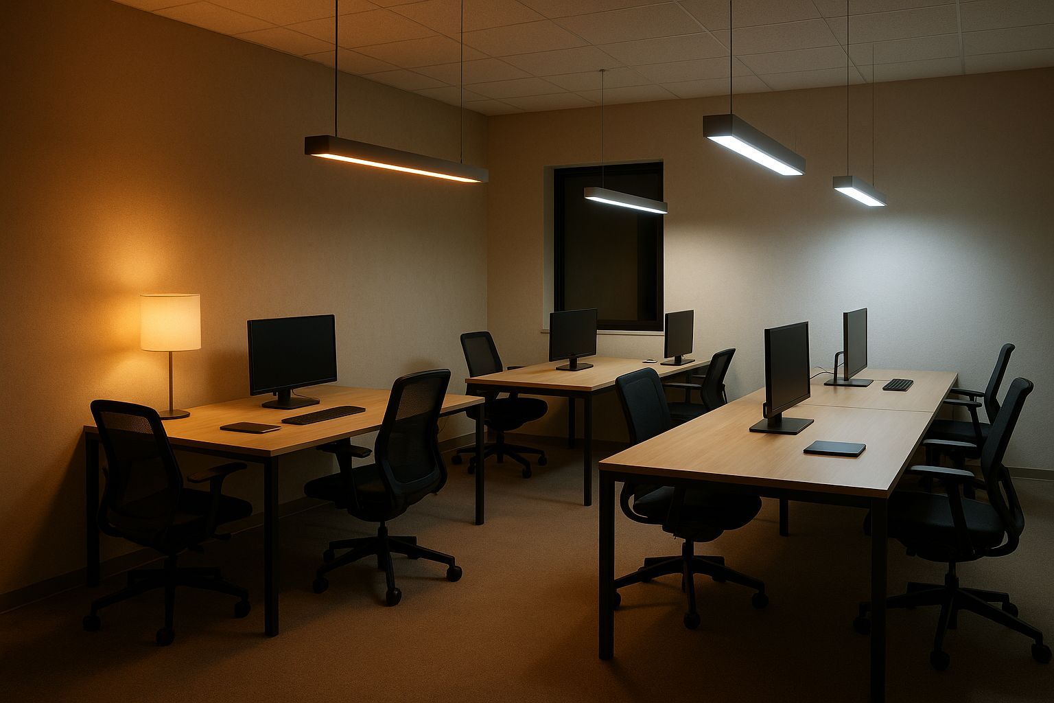 A room with a lot of desks and chairs with computers on them