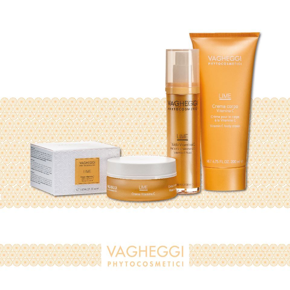Ein Set mit Vagheggi-Kosmetik auf gelbem Hintergrund