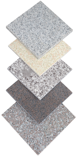 Six different granite tile samples in varying shades of gray and beige.