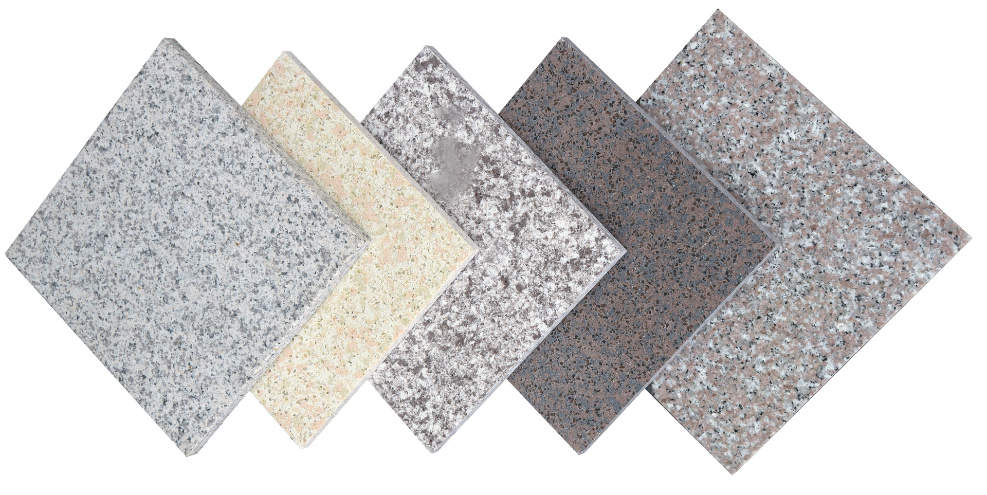 Six different granite tile samples in varying shades of gray and beige.