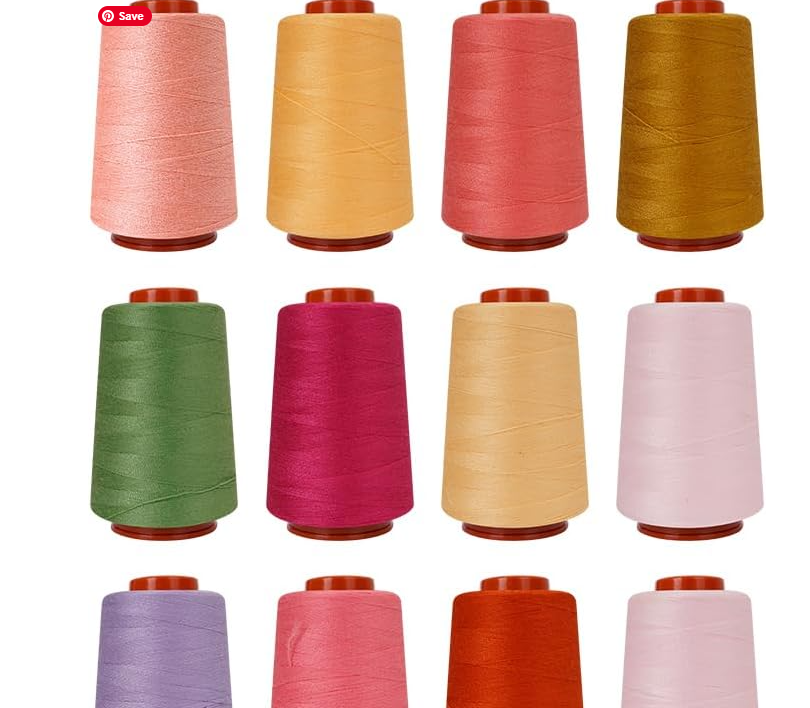 Colorful thread spools arranged in rows, each in a different pastel or bright shade.