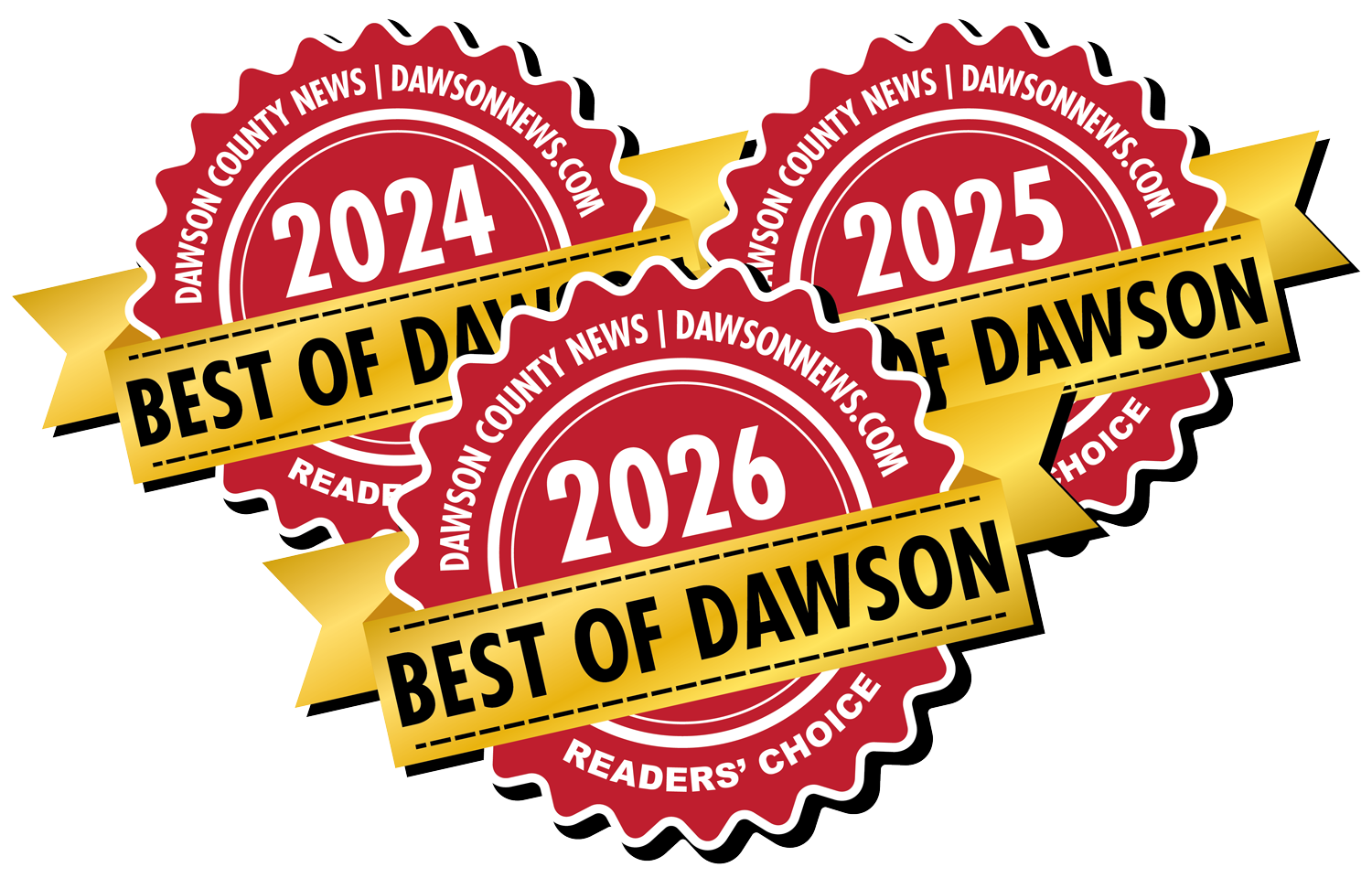 Three stacked red seals with gold banners reading Three stacked red seals with gold banners reading