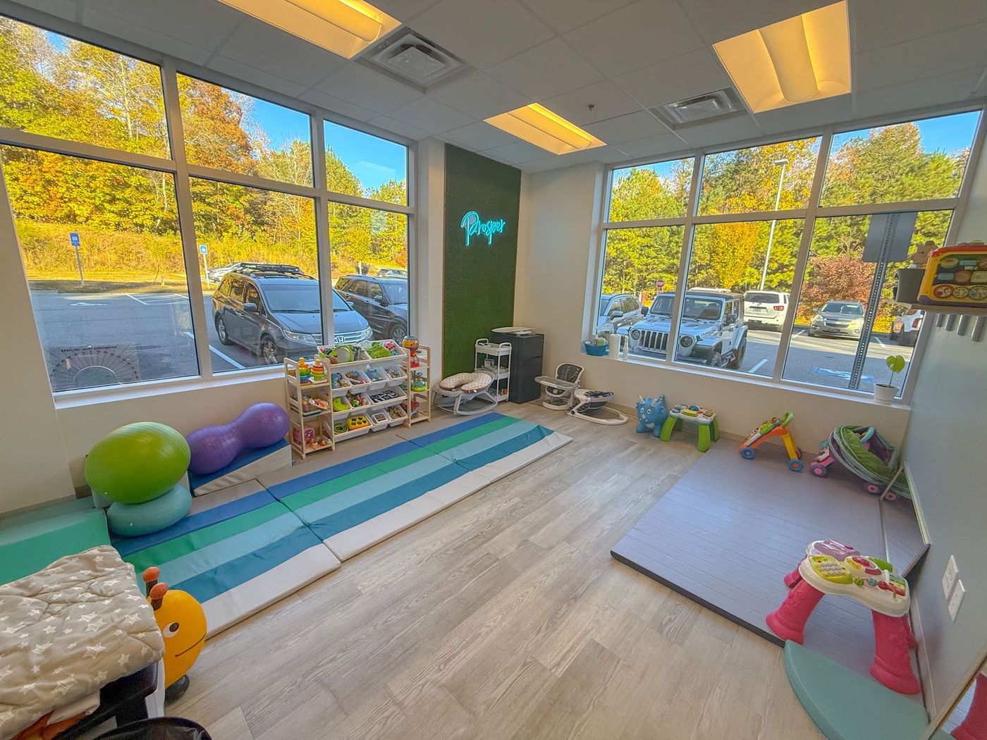 Playroom with large windows, toys, and exercise equipment. Light wood floor, green and blue mats.