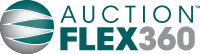 A logo for auction flex 360 with a globe in the middle.