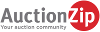 The auction zip logo is a red and white logo with the words `` your auction community ''.