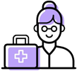 A woman is standing next to a purple first aid kit.