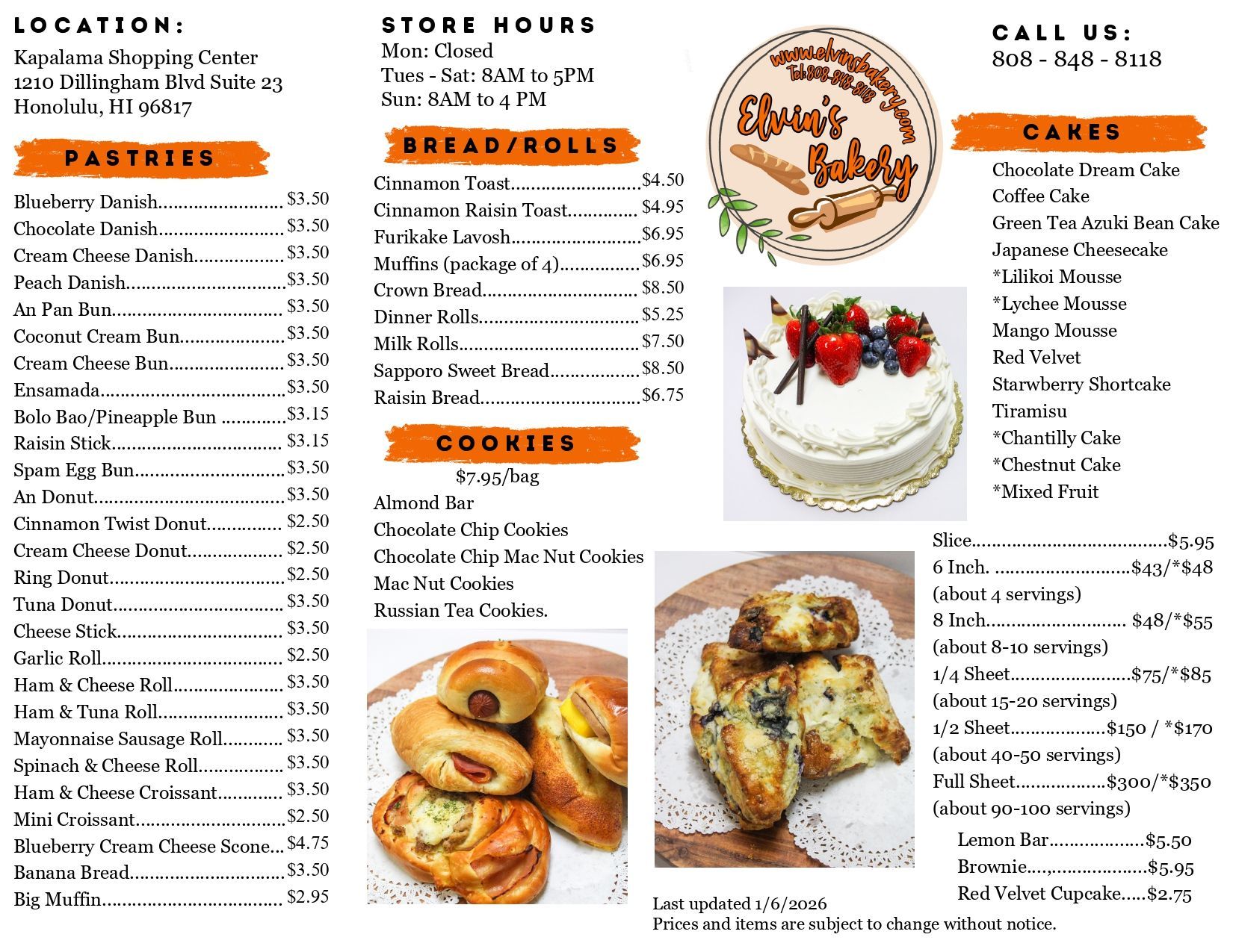 Elvin's Bakery Menu