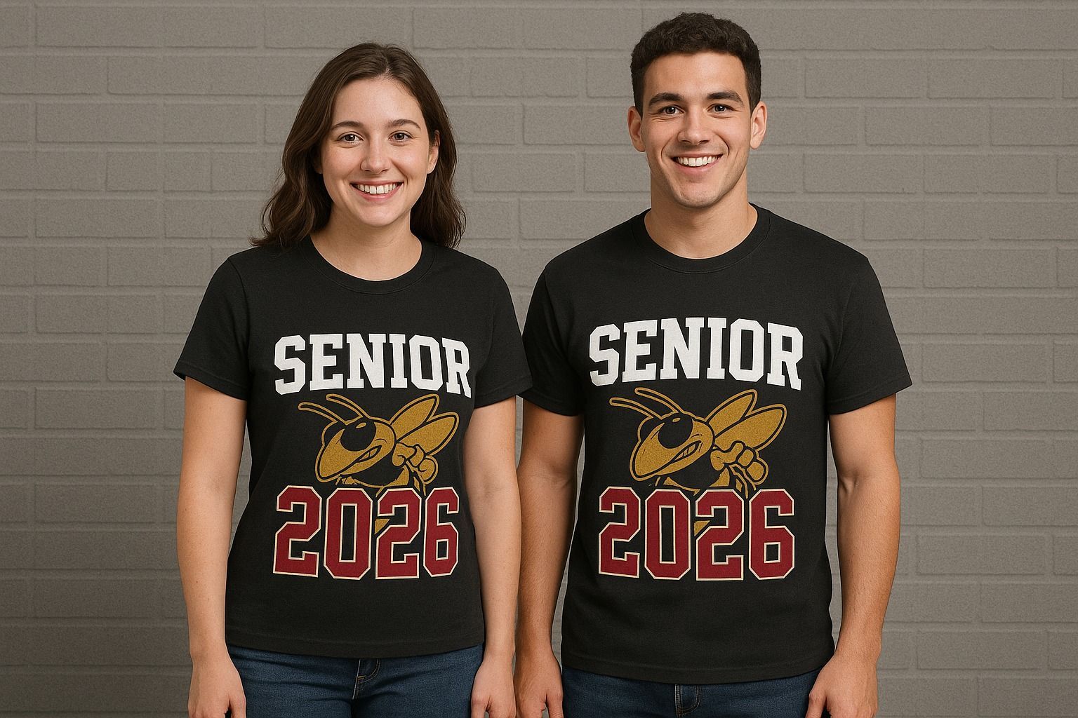 A man and a woman are standing next to each other wearing senior t-shirts.