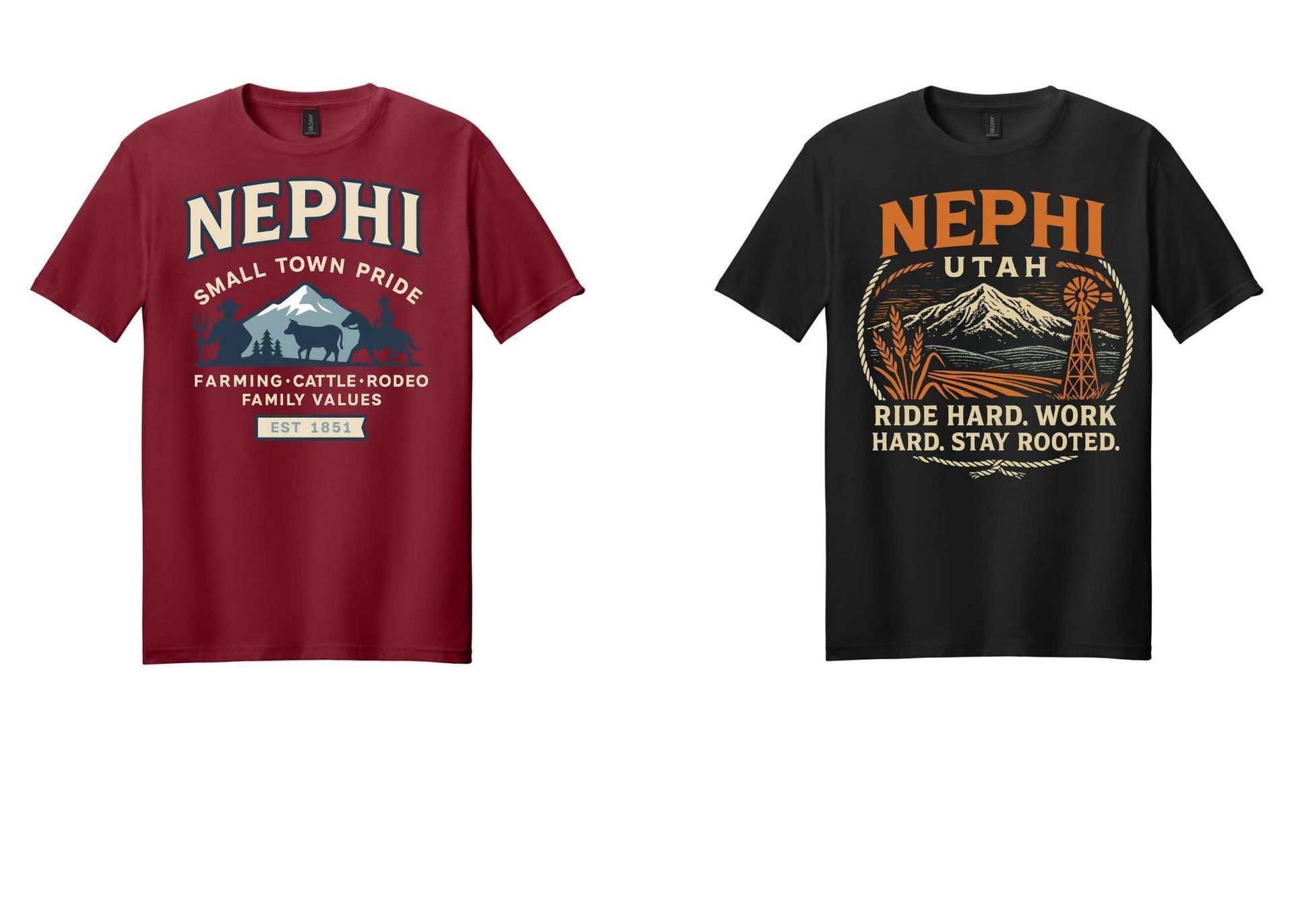 Two t-shirts are sitting next to each other on a white background.