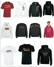 A variety of hoodies and t-shirts are displayed on a white background.