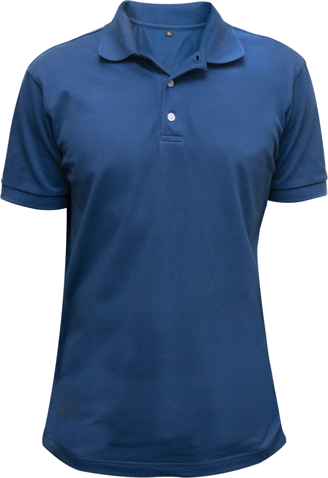 A blue polo shirt with short sleeves on a white background