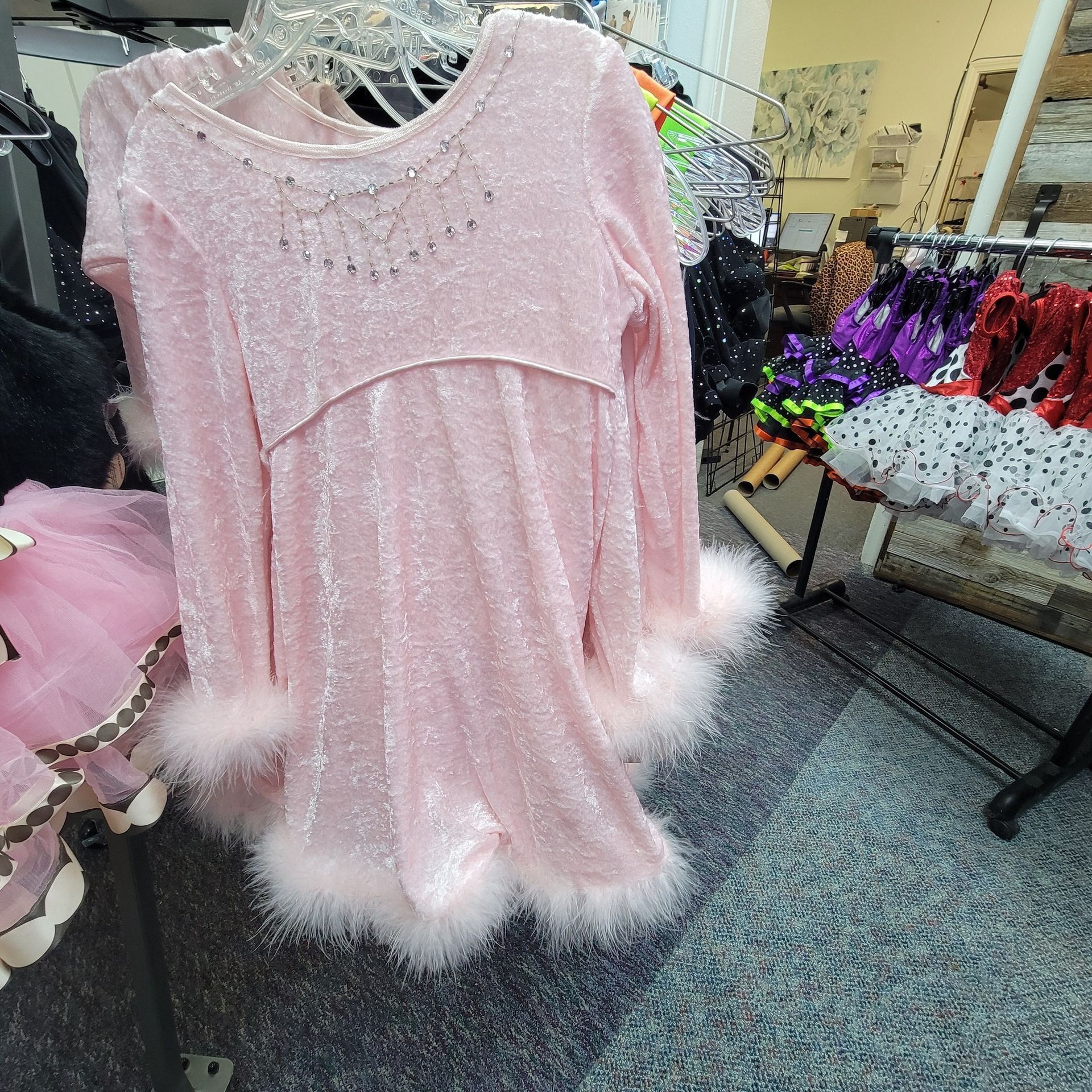 A pink dress with feathers on the sleeves is hanging on a rack