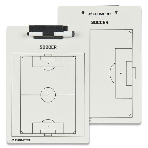Soccer coaching clipboard, white with black lines, showing a soccer field layout, and a clip.