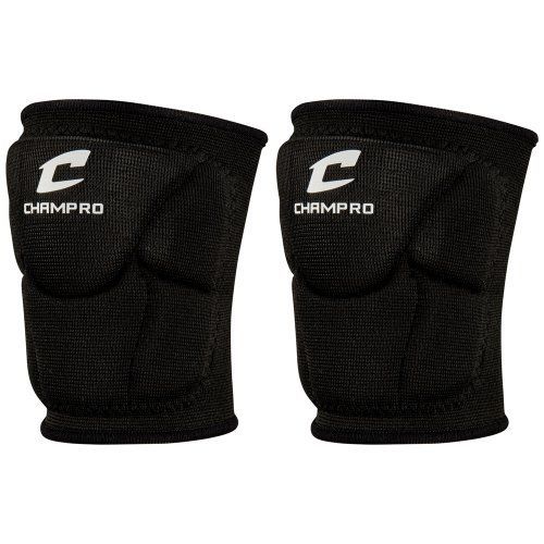 Two black CHAMPRO knee pads with white logo.