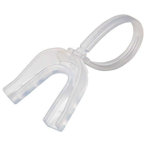Clear, U-shaped mouth guard with attached loop for teeth whitening.