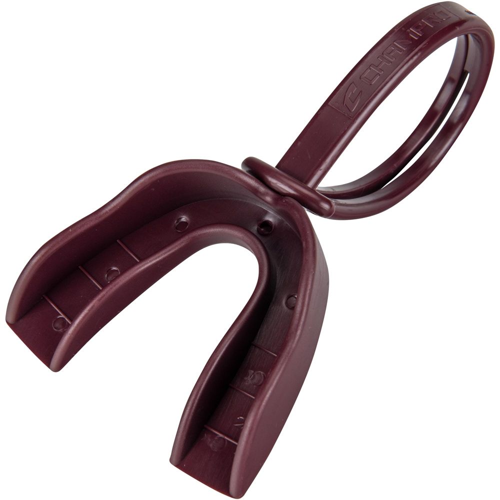 Maroon mouthguard with a handle.