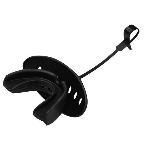 Black mouthguard with a strap, used in sports for protection.