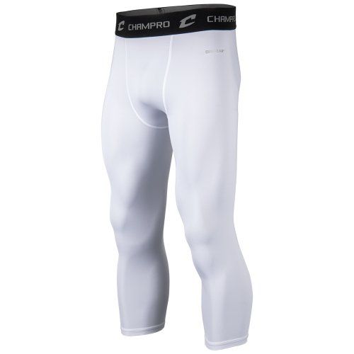 White Champro compression pants, three-quarter length, with black waistband and logo.