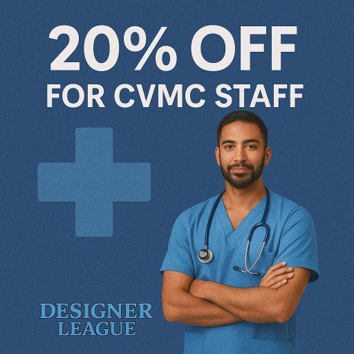 An advertisement for CVMC staff: 20% off. A smiling doctor in blue scrubs and a stethoscope.