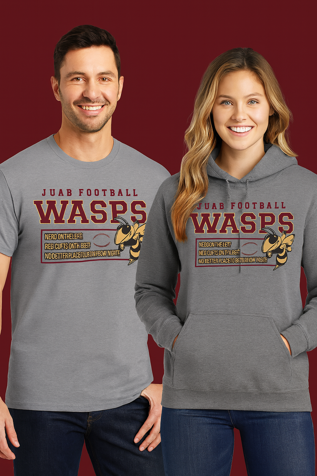 Man and woman wearing gray shirts, both with 