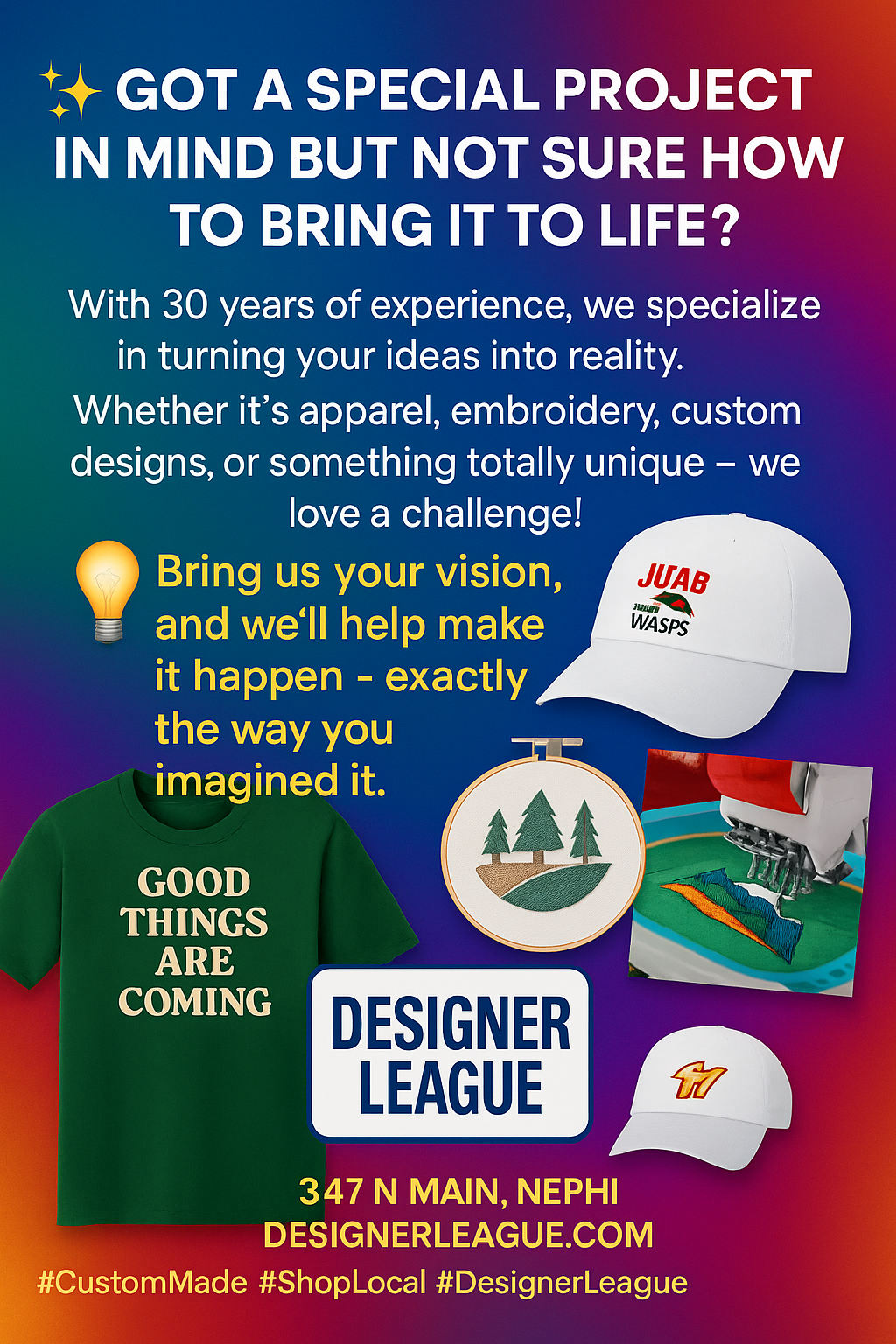 Advertisement for Designer League: custom apparel and embroidery. Shows examples like caps, shirts, and an embroidery hoop.