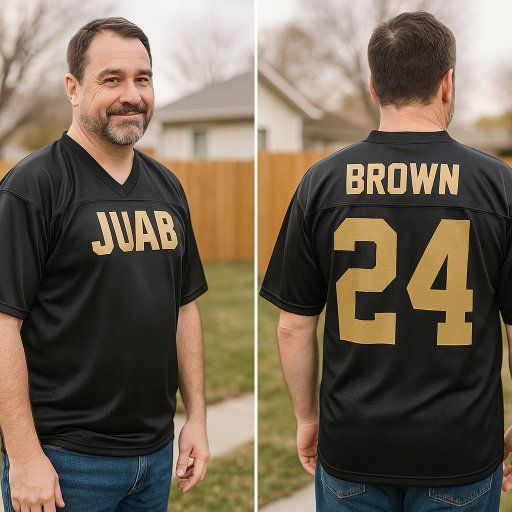Man in black and gold football jersey that says 