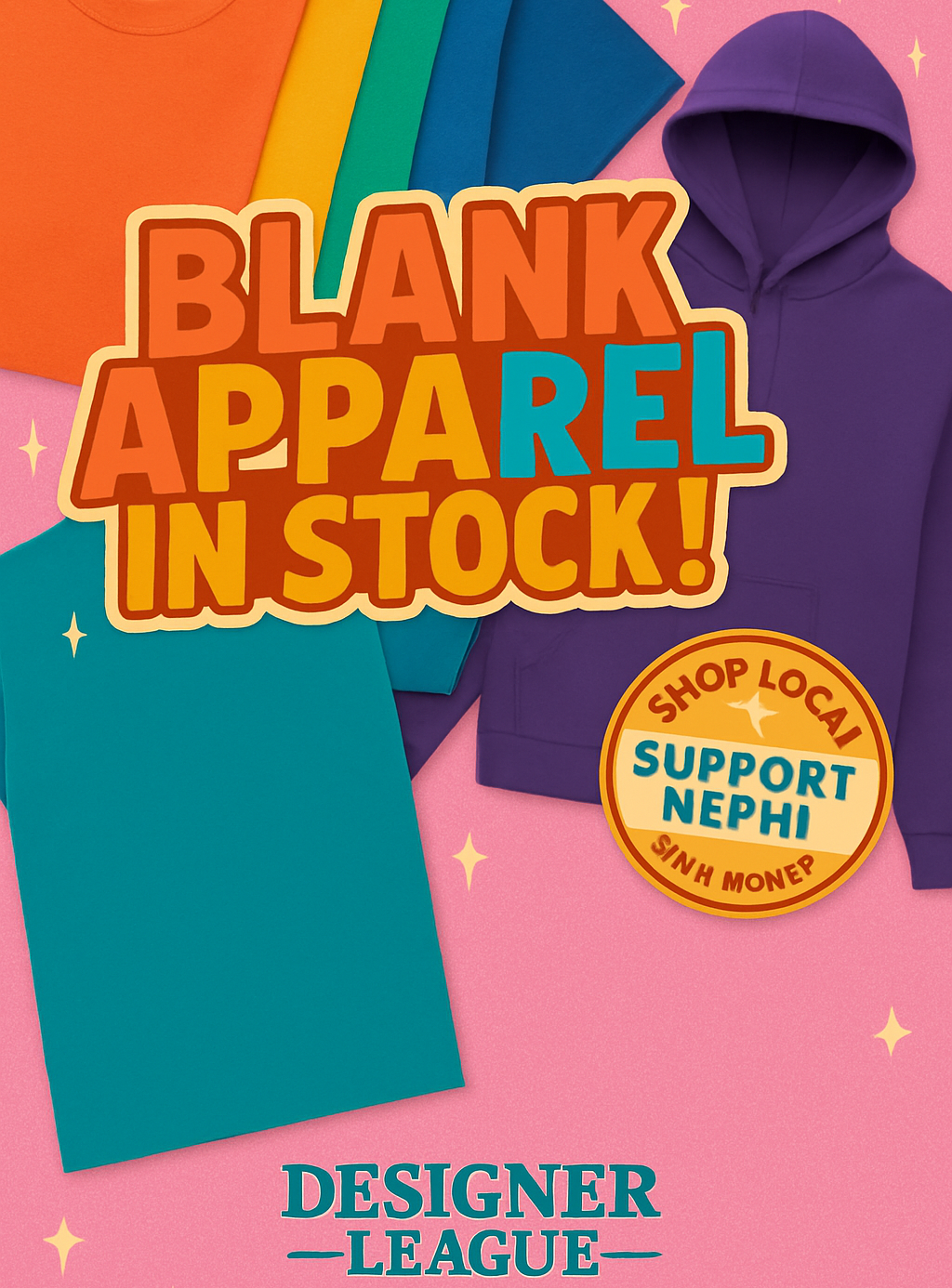 Blank apparel advertisement: Colorful t-shirts and a hoodie. 