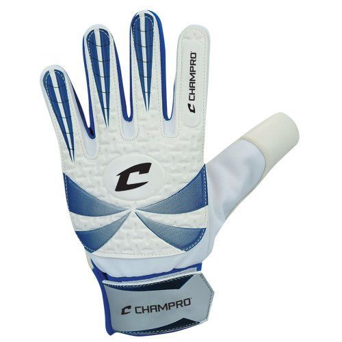 White and blue Champro goalkeeper glove.