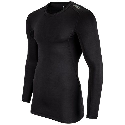 Black long-sleeved compression shirt. Tight fit, crew neck. Small brand logo on shoulder.