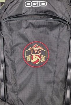 Black backpack with JVC volleyball team logo; red, tan, and gold colors.