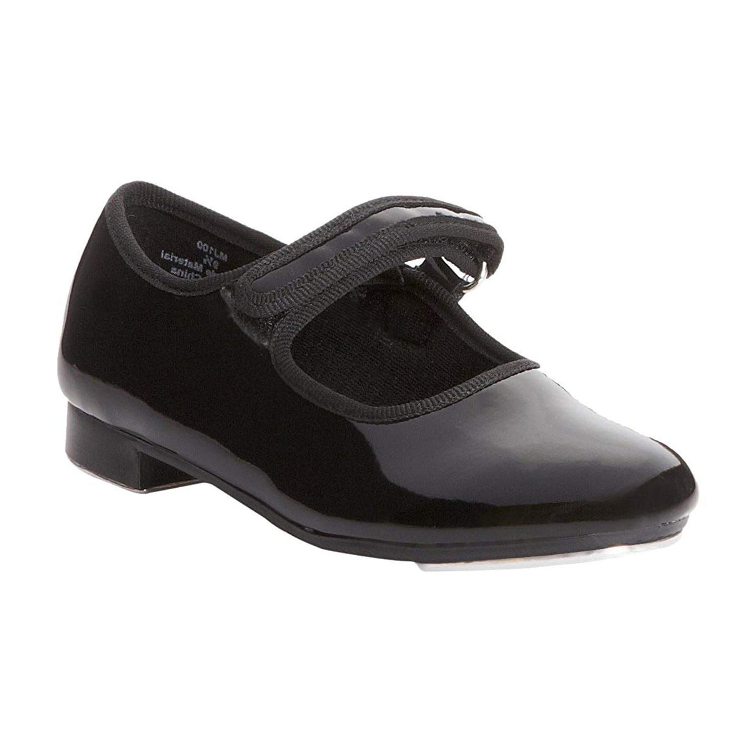 Black tap shoe with a patent leather vamp and an adjustable strap.