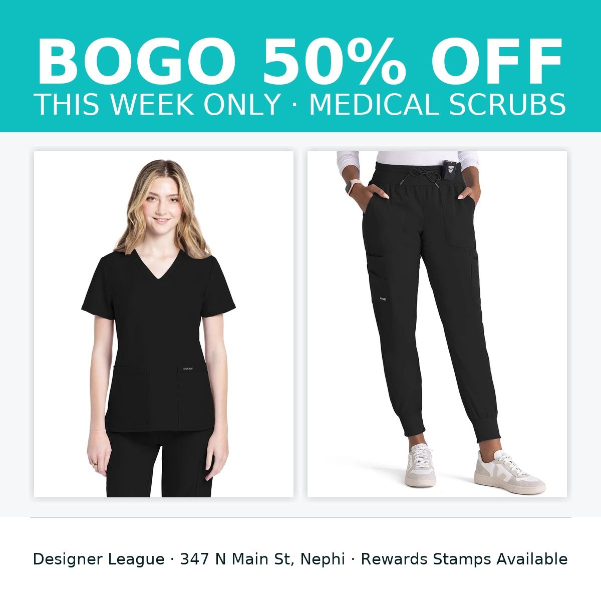 BOGO 50% off medical scrubs. Woman in black scrubs. Black scrub pants. From Designer League.